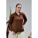 Kadın Polo Yaka Oversize Çiçek Nakışlı Triko Kazak Kahverengi