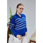 Kadın Polo Yaka Oversize Çizgili 4 Düğmeli Triko Kazak Saks Mavi