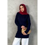 Kadın Ponpon Desenli Balıkçı Yaka Triko Tunik 5211 - Lacivert - Standart