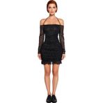 Kadın Puantiyeli Tül Bodycon Mini Elbise Carmen Yaka Uzun Kollu Drapeli Şık Gece Davetleri İçin-Siyah-34