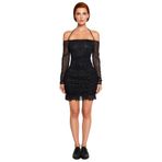 Kadın Puantiyeli Tül Bodycon Mini Elbise Carmen Yaka Uzun Kollu Drapeli Şık Gece Davetleri İçin-Siyah-40