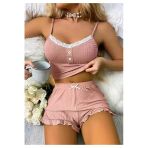 Kadın Pudra Dantel Detaylı Şortlu Gecelik Pijama Takımı 5015