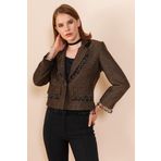 Kadın Püskül Detaylı Kısa Blazer Ceket, KAHVE, 42