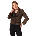 Kadın Püskül Detaylı Kısa Blazer Ceket, KAHVE, 44