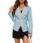Kadın rahat Blazer ekose uzun kollu takım elbise ceket cepler ince kruvaze ceket açık açık hırka iş ofis blazer, mavi, XL