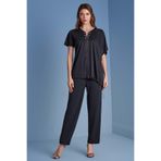 Kadın Rahat Kalıp İp Bağlamalı V Yaka Beli Büzgülü Kısa Kollu Siyah Bluz 25081-BLOUSE-010
