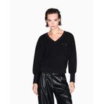 Kadın Rahat Kalıp V Yaka AX Logo Kabartmalı Uzun Kollu Siyah Sweatshirt XW000972 AF16111-UC001