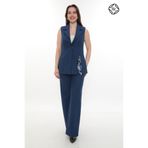 Kadın Rahat Kesim Astarlı Kolsuz Blazer Ceket Pantolon Takım Elbise - Indigo Mavi