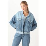 Kadın Renk Bloklu Oversize Jean Ceket Mavi