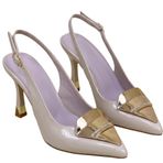 Kadın Rugan Slingback Stiletto, Sivri Burun, İnce Topuklu, Altın Detaylı, Şık Abiye ve Günlük Kullanım (Bej, EU Ayakkabı Beden Sistemi, Yetişkin, Kadın, Sayısal, Orta, 38)