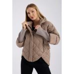 Kadın Sabit Kapşonlu Triko Ribana Detaylı Kapitone Spor Şişme Mont - Şık ve Sıcak Tasarım 8704 - Vizon - 2XL