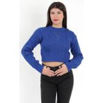 Kadın Saks Gofreli Crop Triko Kazak - 1556 - Standart