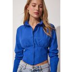 Kadın Saks Mavi Beli Lastikli Korse Crop Gömlek - WAK