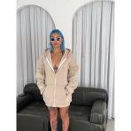 Kadın Salaş Stil Bej Oversize Tam Fermuarlı Uzun Kol Hırka