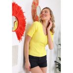Kadın Sarı V Yaka Yazlık Triko Bluz T-Shirt