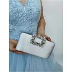 Kadın Saten Gümüş Abiye Taşlı Tokalı Clutch Portföy El Düğün Nişan Gece Çantası