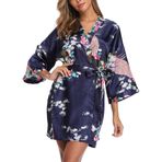 Kadın saten kimono elbiseler tavuskuşu ve çiçekleri baskılı nedime düğün gecelik pijama, Lacivert, S