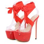 Kadın şeffaf stiletto pompa, seksi açık burun, ayarlanabilir sarılı kayışlar, yüksek topuk, moda roman platformlar elbise, yüksek topuklu terlik, düğün partisi için, Kırmızı, 41 EU