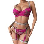 Kadın seksi gecelik, derin V yaka, seksi iç çamaşırı, seksi dantel, nakış, tanga delikli, seksi iç çamaşırı, üç parçalı set, kayışlı iç çamaşırı, sıcak gül rengi, L