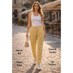 Kadın Sentetik Keten Yüksek Bel Lastikli Dar Paça Mom Pantolon C611 - Hardal - 42