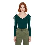 Kadın Şık Devrik Yaka Fitilli Triko Üst Fitted Kesim Uzun Kol Crop Model İlkbahar Sonbahar -Zümrüt Yeşili-S