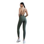 Kadın Sırt Dekolteli Çapraz Bant Askılı Dar Kesim Toparlayıcı Yoga Pilates Tayt Spor Tulum (YEŞİL, S)