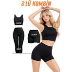Kadın Siyah 3’lü Spor Kombin Crop Atlet, Uzun Tayt ve Şort Tayt Esnek, Toparlayıcı, Günlük