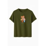 Kadın Siyah Baskılı Tişört – LOVE Colorful Teddy Bear – Dijital Baskı – Rahat Kesim (Haki, XL)