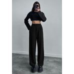 Kadın Siyah Beli Cırt Cırtlı Pileli Bol Paça Palazzo Pantolon Wide Leg