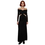 Kadın Siyah Bodycon Kayık Yaka Maxi Uzun Kol Cut Out Detaylı Şık Abiye Elbise Mezuniyet Baloları-Siyah-34
