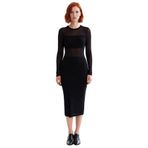 Kadın Siyah Bodycon Midi Triko Elbise Uzun Kollu Bisiklet Yaka Şık Transparan Detaylı Modern Kışlık-Siyah-M