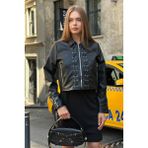 Kadın Siyah Crop Suni Deri Ceket - Fermuar ve Bağcık Detaylı Biker Style