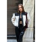 Kadın Siyah Deri Detaylı Peluş Bomber Ceket - Oversize - Bej