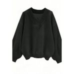 Kadın Siyah Düz V Yakalı Oversize Sweatshirt