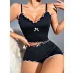 Kadın Siyah Fitilli Askılı Şortlu Pijama Takım 6659