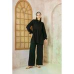 Kadın Siyah Gofre Balon Kol Büzgülü Tunik / Beli Lastikli Cepli Pantolon Tesettür Takım 700-3531396