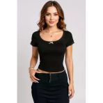 Kadın Siyah Göğsü Ve Kolları Dantelli Fiyonklu Kısa Kol Crop Top Bluz - Şık, Rahat Ve Kolay Kombinle