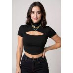 Kadın Siyah Göğüs Dekolteli Yarım Kollu Cut Out Crop Top Bluz – Şık, Rahat Ve Kolay Kombinlenebilir