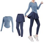Kadın Siyah İki Parçalı Set, Xxl Pilates Kıyafeti, Uzun Kollu Üst İçerir, Taytlı Etek, Egzersizler İçin İdeal, Nefes Alabilir ve Ter Emici, 140-150 Pound, mavi, One Size