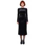 Kadın Siyah Kadife Bodycon Büzgülü Kayık Yaka Uzun Kollu Midi Elbise Şık Kışlık Davet İçin Harika-Siyah-XS