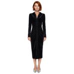 Kadın Siyah Kadife Bodycon Midi Elbise Polo Yaka Uzun Kollu Büzgülü Modern Kış Şıklığı Kaliteli-Siyah-XL