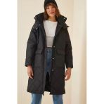 Kadın Siyah Kapüşonlu Kapitone Oversize Kaban Fn02916