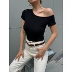Kadın Siyah Kayık Yaka Pamuk Kumaş Kısa Kollu Body 29129