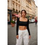 Kadın Siyah Modern Fit Uzun Kol Göğüs Ve Sırt Dekolteli Crop Top Bluz
