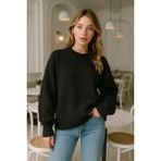 Kadın Siyah Oversize Bisiklet Yaka Triko Kazak - Standart