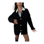 Kadın Siyah Oversize Taşlı Düğmeli Cepli Uzun Hırka 38
