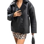 Kadın Siyah Shearling Ceket – Oversize Suni Süet Deri Dış, Teddy/Sherpa Astarlı Aviator Mont, Düğmeli & Cep Detaylı, Kışlık Sıcaklık & Şıklık (L)