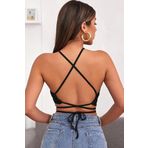 Kadın Siyah Sırtı Açık Boyundan Çapraz Bağlamalı Crop Top Bluz