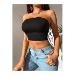 Kadın Siyah Straplez Crop Top Bluz
