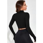 Kadın Siyah Uzun Kol Fermuarlı Parmak Geçme Detaylı Dik Yaka Crop Top Bluz